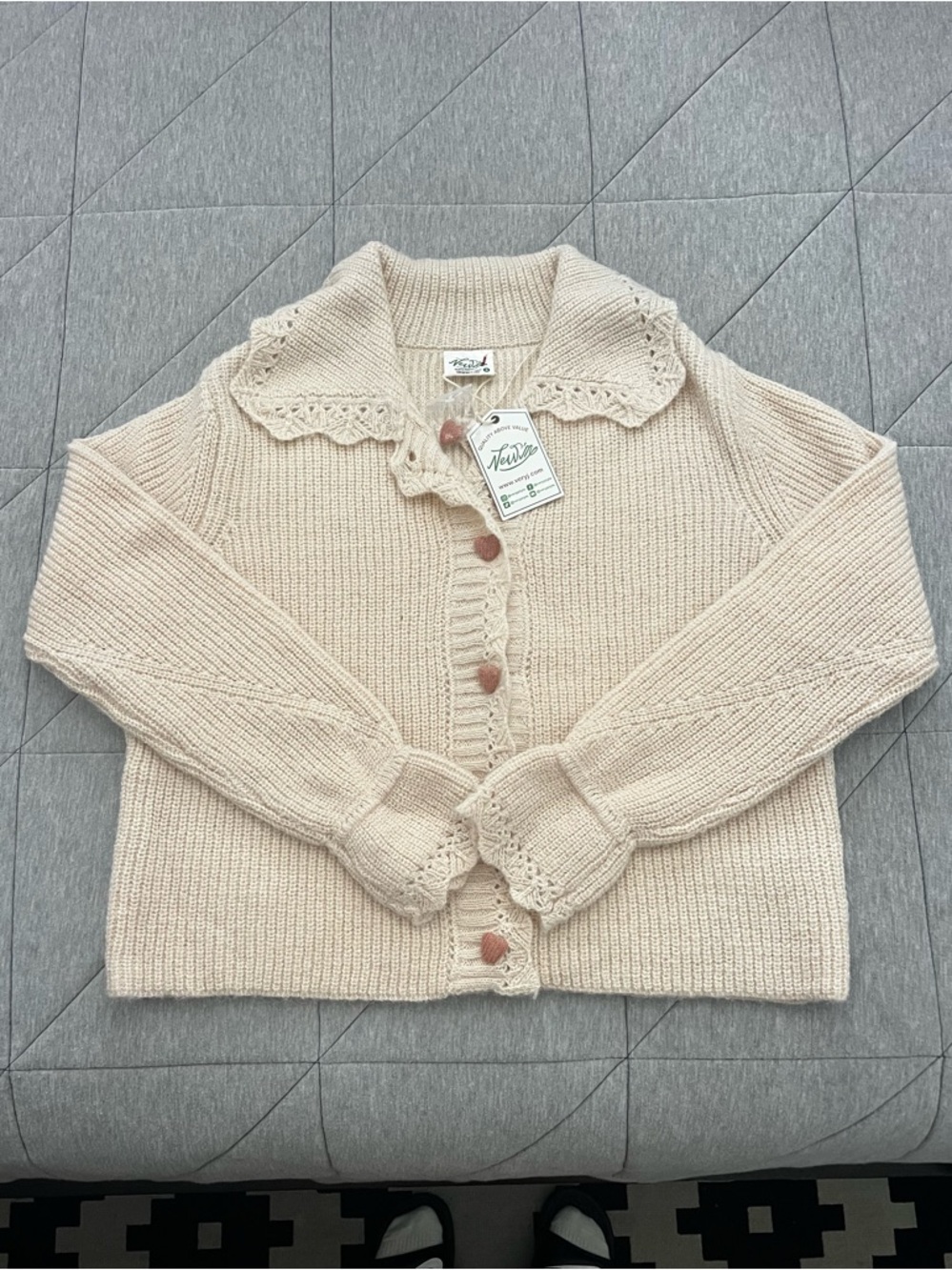 Vintage-Inspired Cream Knit Cardigan with Decorative Collar and heart buttons